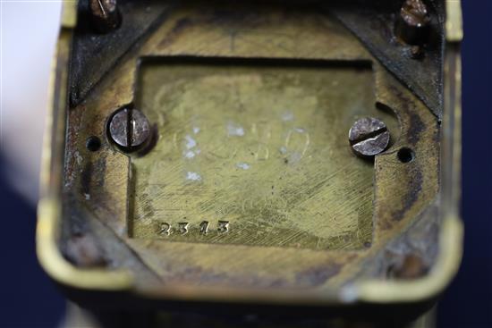 A French miniature brass and champleve enamel carriage timepiece, c.1900, 3in.